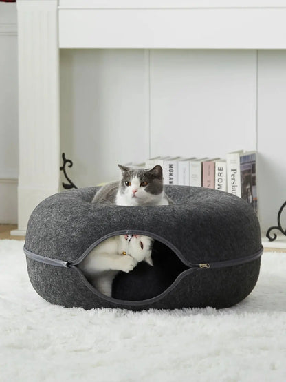 ScratchaBoo™ 24-Inch Large Peekaboo Donut Cat Bed | Spacious Scratchproof Cat Cave for Multiple Cats up to 30 lbs – Detachable & Washable Wool Felt Tunnel