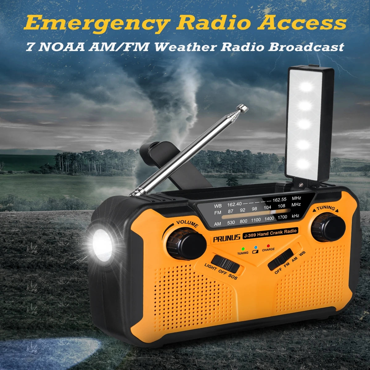 Stay Alert™ Emergency NOAA AM/FM Weather Radio – 11100mWh Power Bank, Solar Hand Crank, USB &amp; AA Battery Powered with LED Flashlight