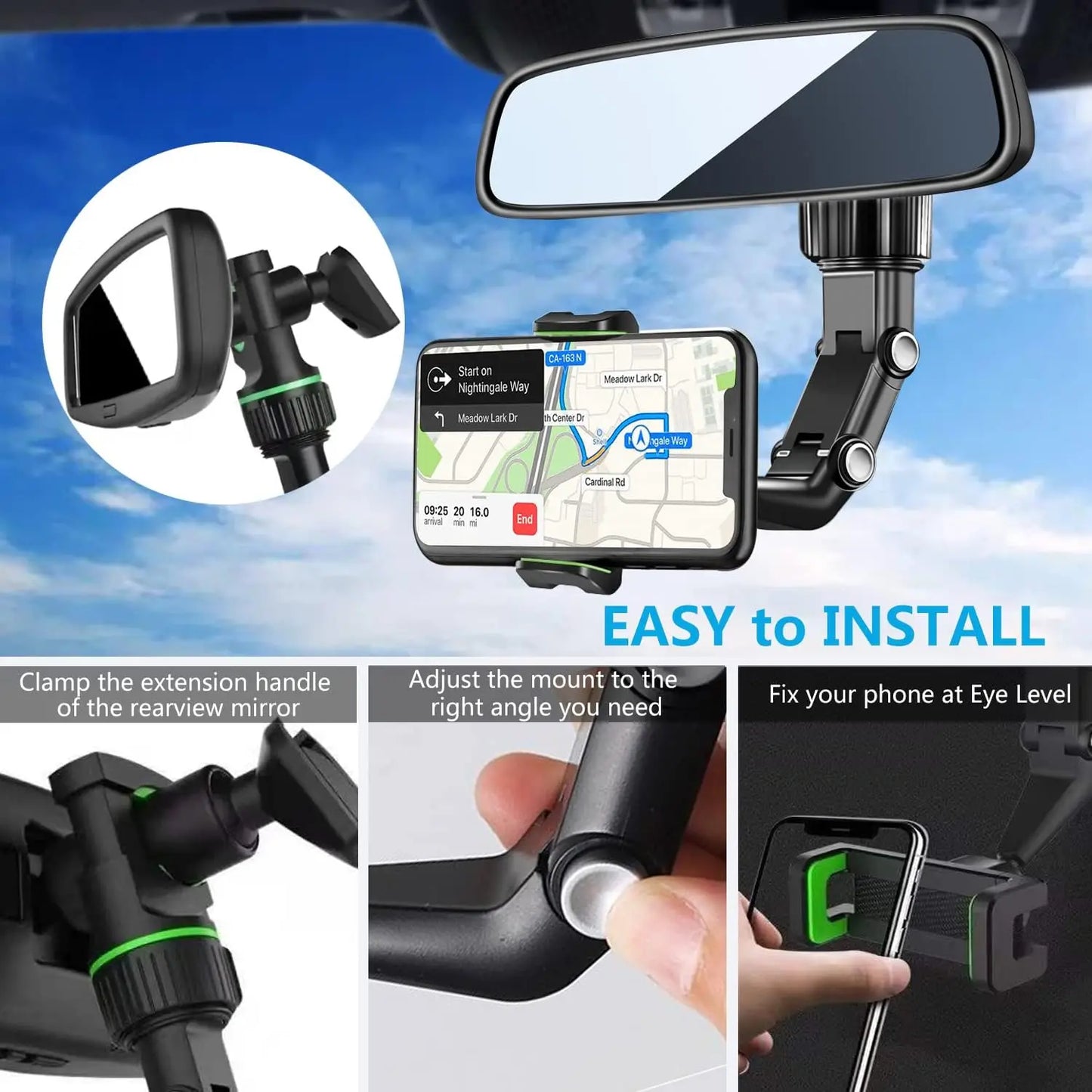 360° Rotatable & Retractable Rearview Mirror Phone Holder | Multifunctional Car Mount for All Vehicles