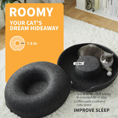 ScratchaBoo™ 24-Inch Large Peekaboo Donut Cat Bed | Spacious Scratchproof Cat Cave for Multiple Cats up to 30 lbs – Detachable & Washable Wool Felt Tunnel