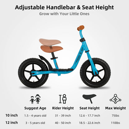 10"/12" Kids Balance Bike for Girls & Boys – Adjustable Seat & Footrest for Toddler Balance & Confidence