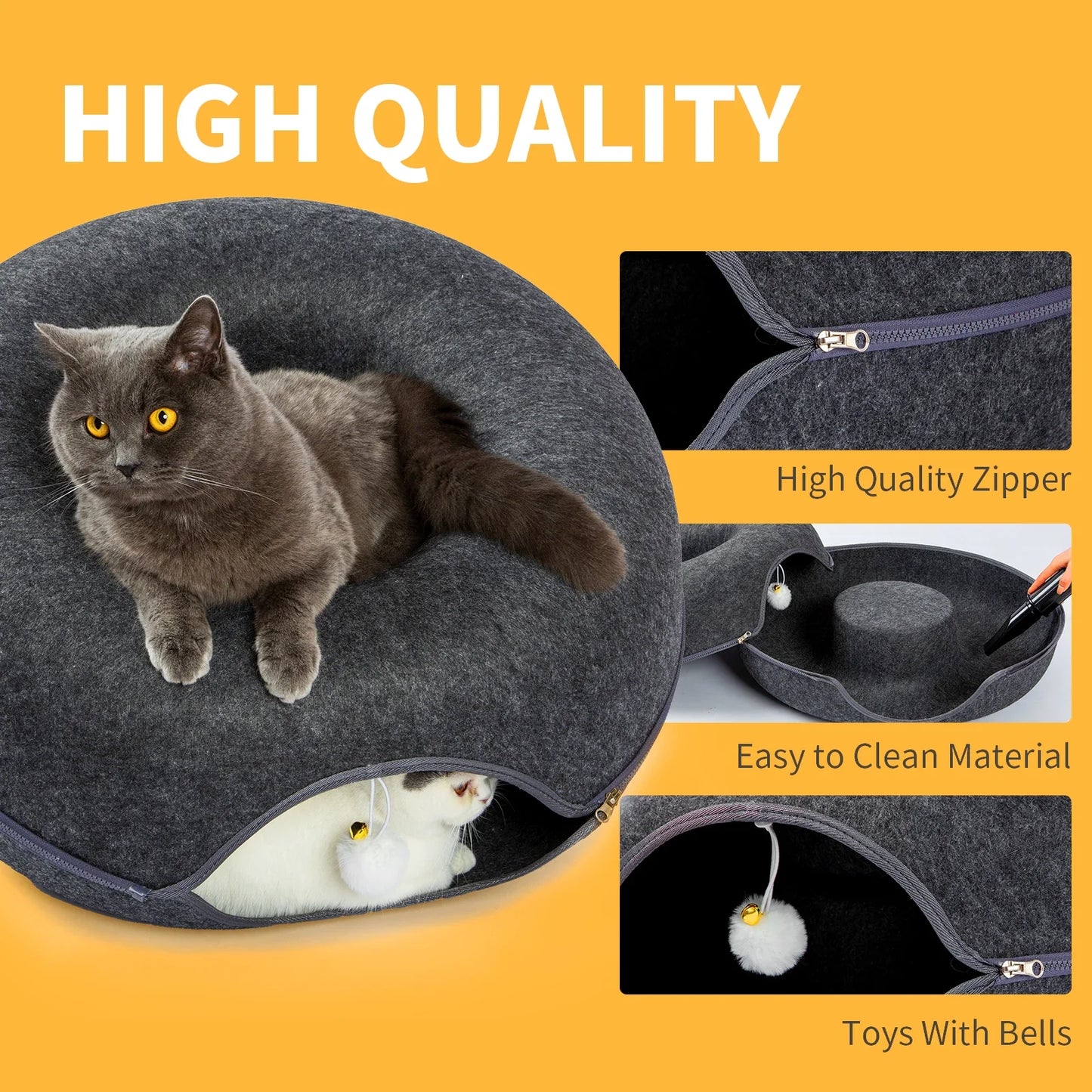 ScratchaBoo™ 24-Inch Large Peekaboo Donut Cat Bed | Spacious Scratchproof Cat Cave for Multiple Cats up to 30 lbs – Detachable & Washable Wool Felt Tunnel