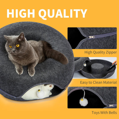 ScratchaBoo™ 24-Inch Large Peekaboo Donut Cat Bed | Spacious Scratchproof Cat Cave for Multiple Cats up to 30 lbs – Detachable & Washable Wool Felt Tunnel