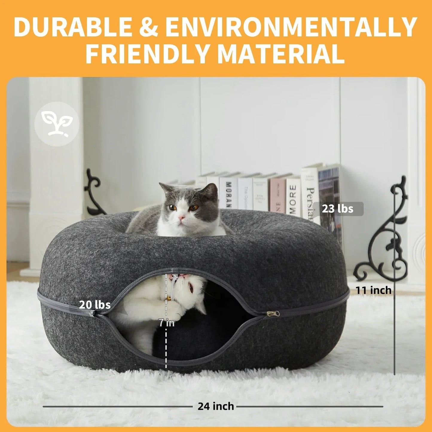 ScratchaBoo™ 24-Inch Large Peekaboo Donut Cat Bed | Spacious Scratchproof Cat Cave for Multiple Cats up to 30 lbs – Detachable & Washable Wool Felt Tunnel