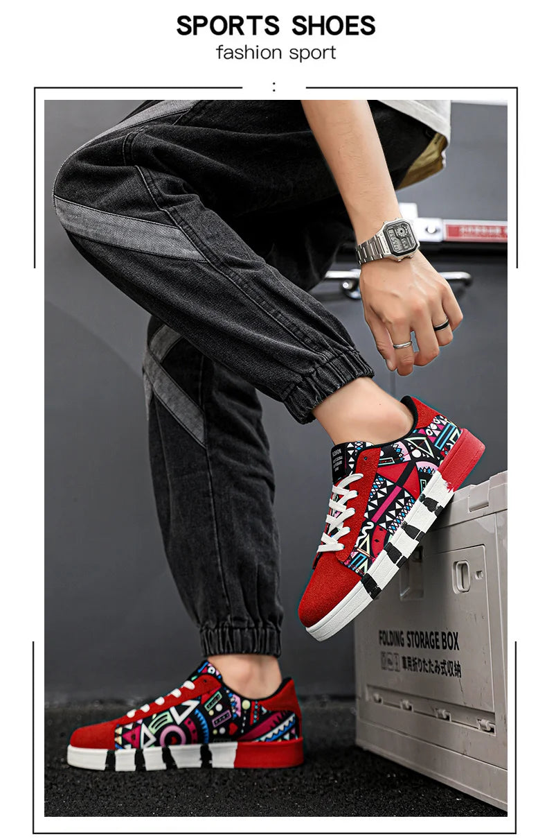 Trendy High-Quality Red Vulcanized Unisex Sneakers - Casual Skateboard Shoes with Fashion Graffiti Design